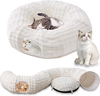 Bubble Cat Tunnel for Indoor Cats, Round Peekaboo Cave Toy with Dangling Balls, Donut Tunnel Bed with Circle Mat for Puppy Kitten Rabbit, Cream White