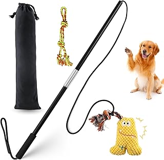 33" Flirt Pole for Dogs, Interactive Flirt Pole Toy for Small Medium Large Dogs Chase and Tug of War, Lightweight, Durable Wand with Squeak Toy and Chewing Rope for Outdoor Exercise & Training
