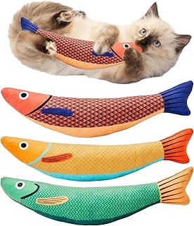 Catnip Fish Cat Toys with Crinkle Sound, 100% Cotton Material, Lifelike Saury Design with Bell, Interactive Kicker Toy, 3 Pack