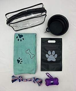 Dog Travel & Outdoor Kit, 5-in-1 Collapsible Bowl, Rope Toy, Microfiber Towel, Treat Bag, Waste Bag Holder and Bags, & Clear Travel Bag - Portable for Walking, Hiking, Camping (Purple)