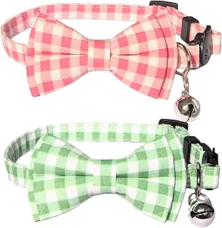 Pack of 2 Bow Tie Cat Collar Breakaway with Bell Safety, Removable Bowtie, Adjustable Kitten Collars for Girl Boy Kitty Small Pets, 7"-11" Plaid Pink & Green