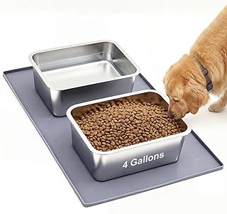 3 Pcs 4 Gallons Large Dog Bowl and Mat Set Food Grade Stainless Steel Water and Food Bowl 34" x 22" Silicone Waterproof Anti-Slip Mat Durable Metal Water Dish for Large Dogs