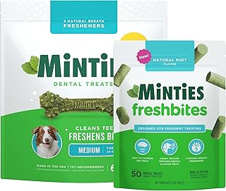 Minties Dental Chews for Dogs, 60 Count + Minties FreshBites Soft and Chewy Dental Treats for Dogs, 50 Count