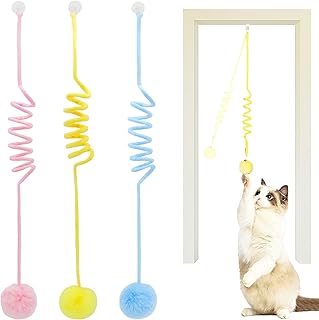 Hanging Plush Cat Ball Toys with Bell, 3-Pack Interactive Retractable Teaser for Indoor Cats and Kittens
