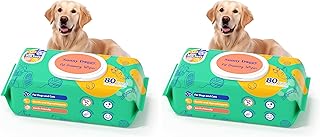 Pet Wipes 80 Count, Dog Wipes Cleaning Deodorizing Cat Wipes, 8 x 8 Inch Dog Grooming Wipes for Butt Paws Ear Eyes and Body (Pack of 2)