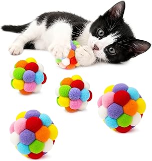 Soft Plush Cat Ball Toys with Bells Set of 4-Pack, Colorful Fuzzy Interactive Play Balls for Cats & Kittens