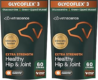VetriScience Extra Strength Healthy Hip & Joint Chews, GlycoFlex Glucosamine and Green-Lipped Mussel Joint Support Supplement for Dogs, Chicken, 60 Count (Pack of 2)