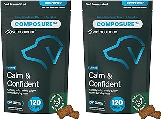 VetriScience Calm & Confident Chews, Composure Clinically Tested Calming & Anxiety Supplement for Dogs, Reduce Stress and Fear, Ideal for Thunderstorms, Fireworks & Travel 120 Count (Pack of 2)