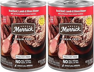 Merrick Grain Free Premium and Natural Canned Dog Food, Soft & Healthy Poultry Free Wet Recipe, Real Beef Lamb and Bison - 12.7 oz. Cans, (Pack of 24)