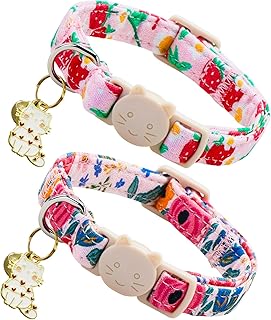 Spring Cat Collar-2 Pack Collars Strawberry and Flower Print Breakaway with Kitten and Bell Pendant Safety Buckle Adjustable Pet Collar Gift for Cats and Small Pets