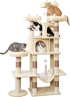 Heavy Duty Cat Tree for Indoor Cat, 71 Inch Large Cat Tower with Scratching Post and Top Perch, Hammock, Big Cat Condo for Adult Cats Kittens, PMT03BW, Beige