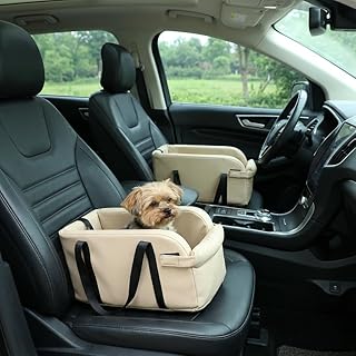Waterproof Faux Leather Center Console Dog Car Seat, 2-in-1 Portable Puppy Carrier & Armrest Booster Seat for Small Dogs, Easy-to-Clean Tech Fabric, Sturdy Cushioned, Anti-Collapse Walls, Under 11 lbs