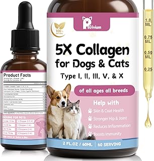 Collagen for Dogs, Liquid Collagen for Dogs and Cats - 5 Types of Grass-Fed Collagеn (I, II, III, V & X) for Skin & Coat, Itch Relief, Hips & Joints with MSM, Biotin and Hyaluronic Acid, 2 Oz