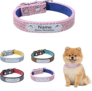 Personalized Dog Collars with Engraved Name Plate Custom PU Leather Dog Collars Pet Tag with Mental Buckle Adjustable with Quick Release Buckle for Small/Large Dogs (Grey/Pink/Coffee/Blue)