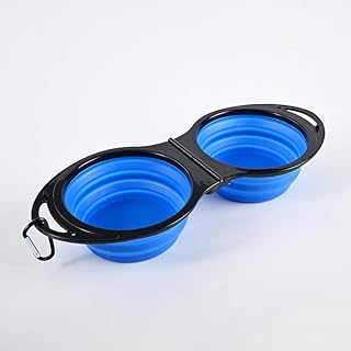 2-in-1 Collapsible Dog Bowls Foldable Pet Food & Water Bowl Silicone Feeding Dish for Traveling,Camping,Walking,Hiking (Blue)