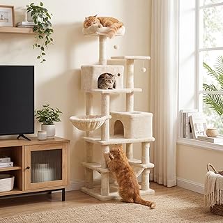 DORTALA Cat Tree for Indoor Cats, 66" Tall Cat Tower with 2 Condos, Sisal Scratching Posts, Plush Perch, Hammock, Dangling Balls, Multi-Level Pet Climbing Furniture Activity Center (Beige)