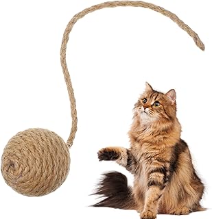 String Cat Toy Ball with 8 Inch Sisal Rope and Bell Inside, 1.7 Inch Sisal Rope Interactive Cat Ball Toy on String for Indoor Cats