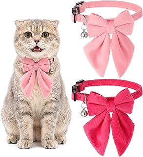 2 Pack Pink Cat Collar with Bow Bells, Breakaway Safety Cat Bowtie Collar with Bell Adjustable Soft Kitten Collar with Removable Bowtie for Small Girl Cats 8-12Inch