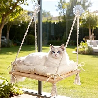 Cat Window Perch, Suction Cup Window Hammock Seat Beds for Indoor Cats with Soft Cushion and Solid Pine Wood