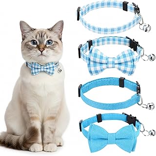 4 Pack Breakaway Cat Collar, Blue Bowtie Cat Collar with Bow Adjustable Cute Kitten Collars with Pearl Pendant for Girl Cats
