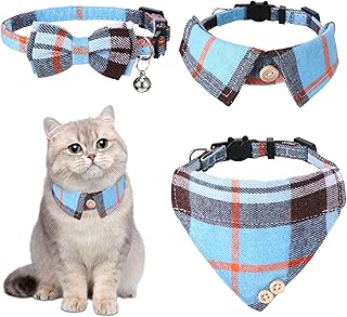 QFGasre Mini Cat Collar Set with Bow Tie and Bandana, 2 Pcs Cute Cat Collar Breakaway with Bells Blue Plaid Cats Collar-Bandana Adjustable Pet Bowtie Bandana with Safety Buckle for Small Cats, Blue
