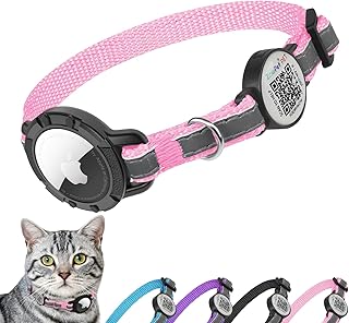 Airtag Cat Collar Breakaway with QR Code Name Tag, Reflective cat Collar airtag Holder with Bell, Cat ID Tag Personalized, Ultra-Durable, Adjustable, Quick Release, Fits Small Large Cats, Pink