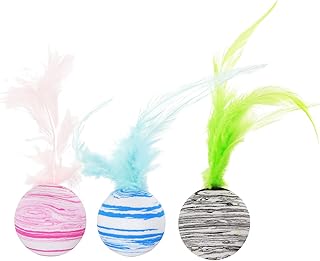 VICASKY 3pcs Interactive Cat Balls with Plume Kitten Teaser Indoor Household Cat Teasing Balls for Play and Chase (Blue, Red, Black) Random Color