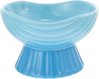Ceramic Raised Dog Bowl with Elevated Stand, Blue Striped Small Pet Feeding Dish for Cats and Puppies, Angled No-Spill Water and Food Bowl for Indoor Use