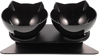 Double Dog Food Bowls 15° Elevated Plastic Pet Feeder Tilted Feeding Bowl for Cats and Dogs Black Raised Design for Home Use