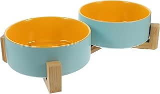 VICASKY Ceramic Cat Bowl and Pet Food Bowl with Dual Wooden Stand, Matte Two-Tone Blue and Yellow Small Size, Raised Feeding Dish for Kittens and Cats at Home