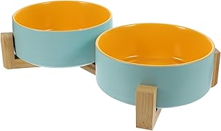 Ceramic Cat Feeding Bowl with Matte Two-Tone Blue and Yellow Interior, Small Size Reusable Pet Bowl Set with Double Wooden Stand for Indoor Cats Raised Food and Water Dish