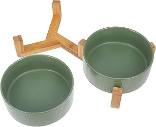 Ceramic Elevated Cat and Dog Feeding Bowls with Wooden Stand, Non-Spill Double Bowl Pet Feeder for Cats and Puppies, Matte Green Raised Food and Water Dish Holder