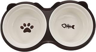 Ceramic Elevated Cat Bowl Set with Anti-Slip Stand, Tilted Dual Food and Water Bowls for Indoor Cats, Brown Thickened Sturdy Raised Feeder for Kitten Feeding