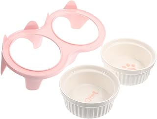 VICASKY Ceramic Elevated Cat Food and Water Bowls Set with Tilted Design, Thick Pink Double Bowls with Non-Slip Sturdy Stand for Indoor Cats and Kittens