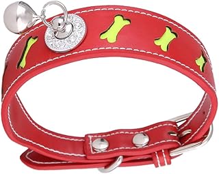 Bone Shape Dog Collar with Bell, Adjustable Red Pu Leather Pet Necklace, Reflective Safety Collar for Cats and Dogs