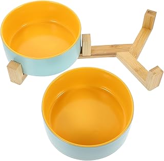Ceramic Elevated Cat Bowl Double Food Water Bowls Blue and Yellow Matte Finish Dual Wooden Stand for Indoor Cats