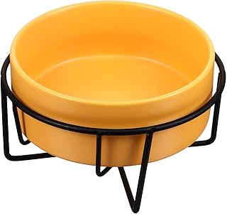 Ceramic Pet Feeder Bowl with Stand Raised Dog Bowl 14cm Black Iron Frame Protective Spine Elevated Dog Feeding Dish