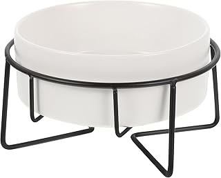 Raised Cat Bowl with Metal Stand 13cm 400ml Ceramic Pet Feeder Elevated White Cat Food and Water Dish for Small Dogs