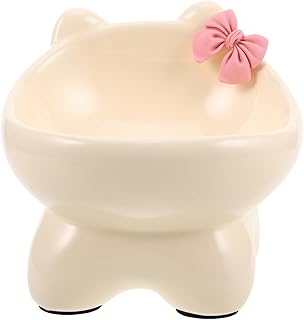 Elevated Cat Feeder Bowl Tilted Ceramic Pet Food Dish Beige Raised Water Bowl for Small Cats and Puppies Neck Protection