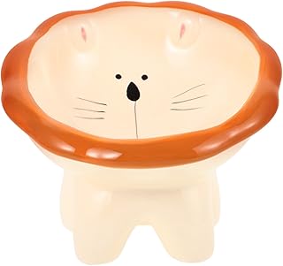YARNOW Ceramic Elevated Cat Bowl Large Opening Raised Pet Food and Water Bowl Whisker Friendly Indoor Feeding Dish with Cartoon Lion Design