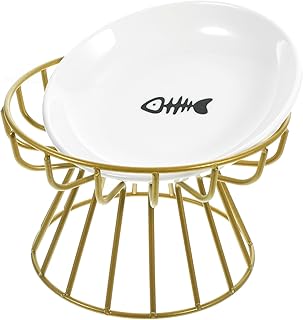 NUOBESTY Ceramic Raised Cat Food Bowl with Metal Stand Anti-Vomiting Elevated Pet Feeder Plate Set Convenient Feeding Bowl for Cats Daily Use